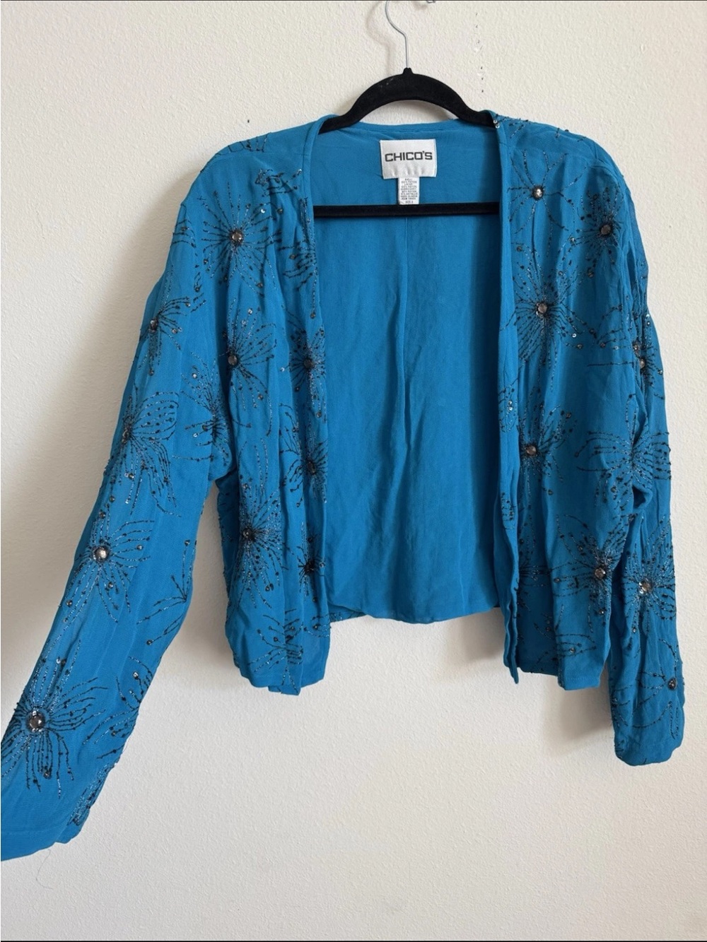 Chico’s Turquoise Blue beaded Sequin Open Front Light Weight Jacket Size 3